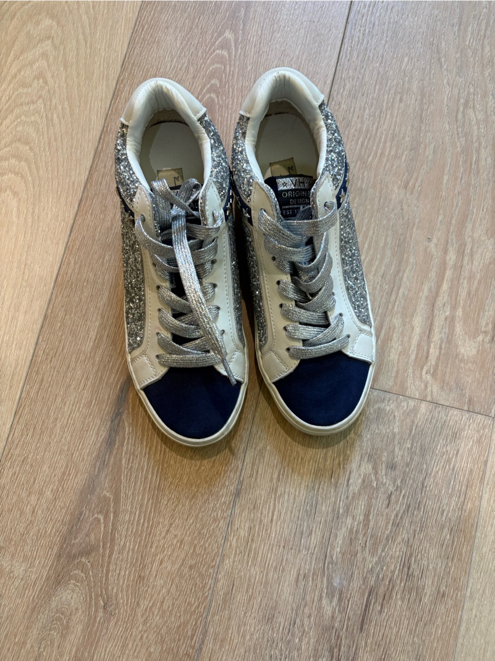 Silver Glitter & Navy Toe Low-Top Sneakers